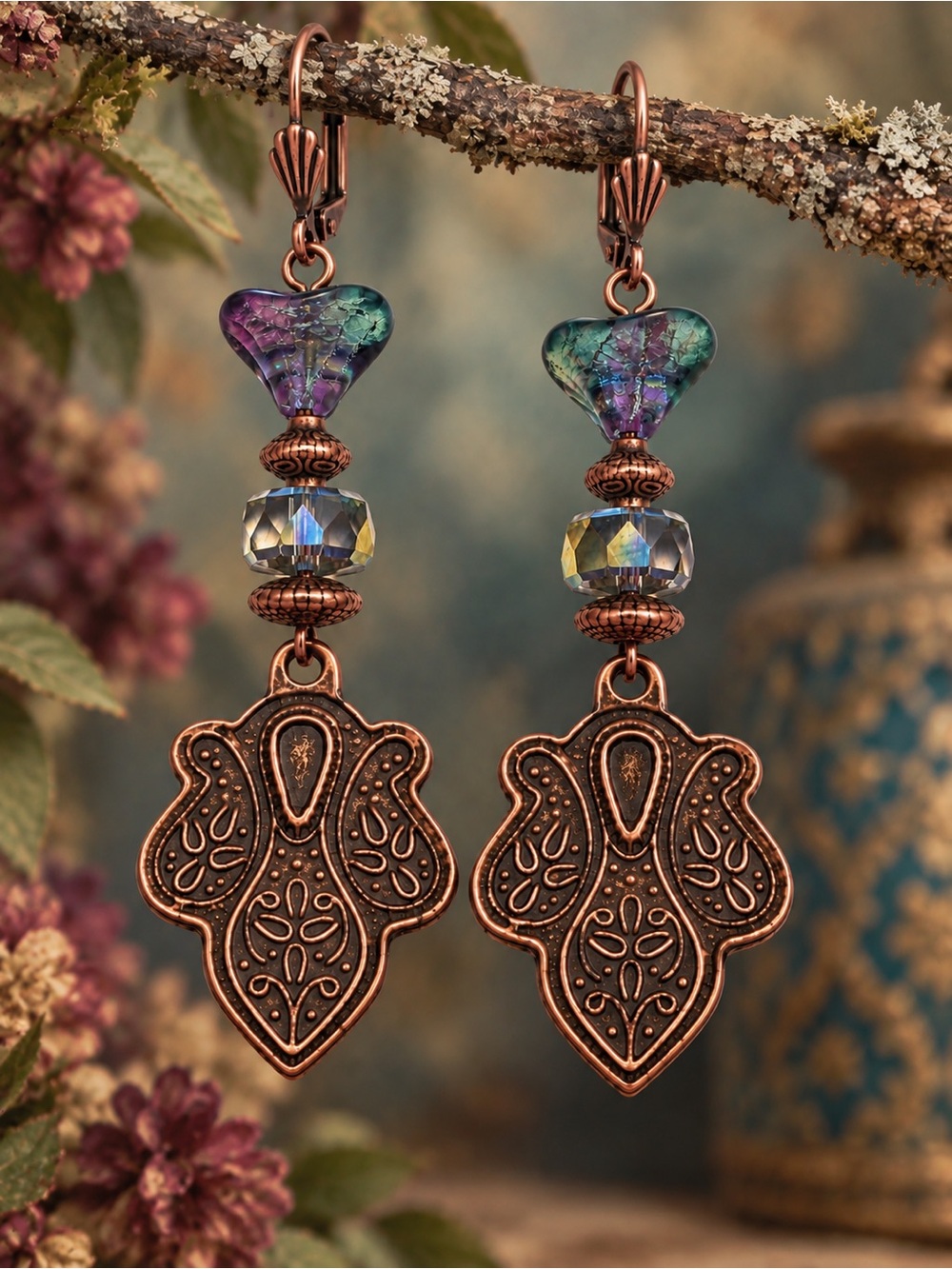 Czech Glass Antique Copper Art Nouveau Statement Earrings